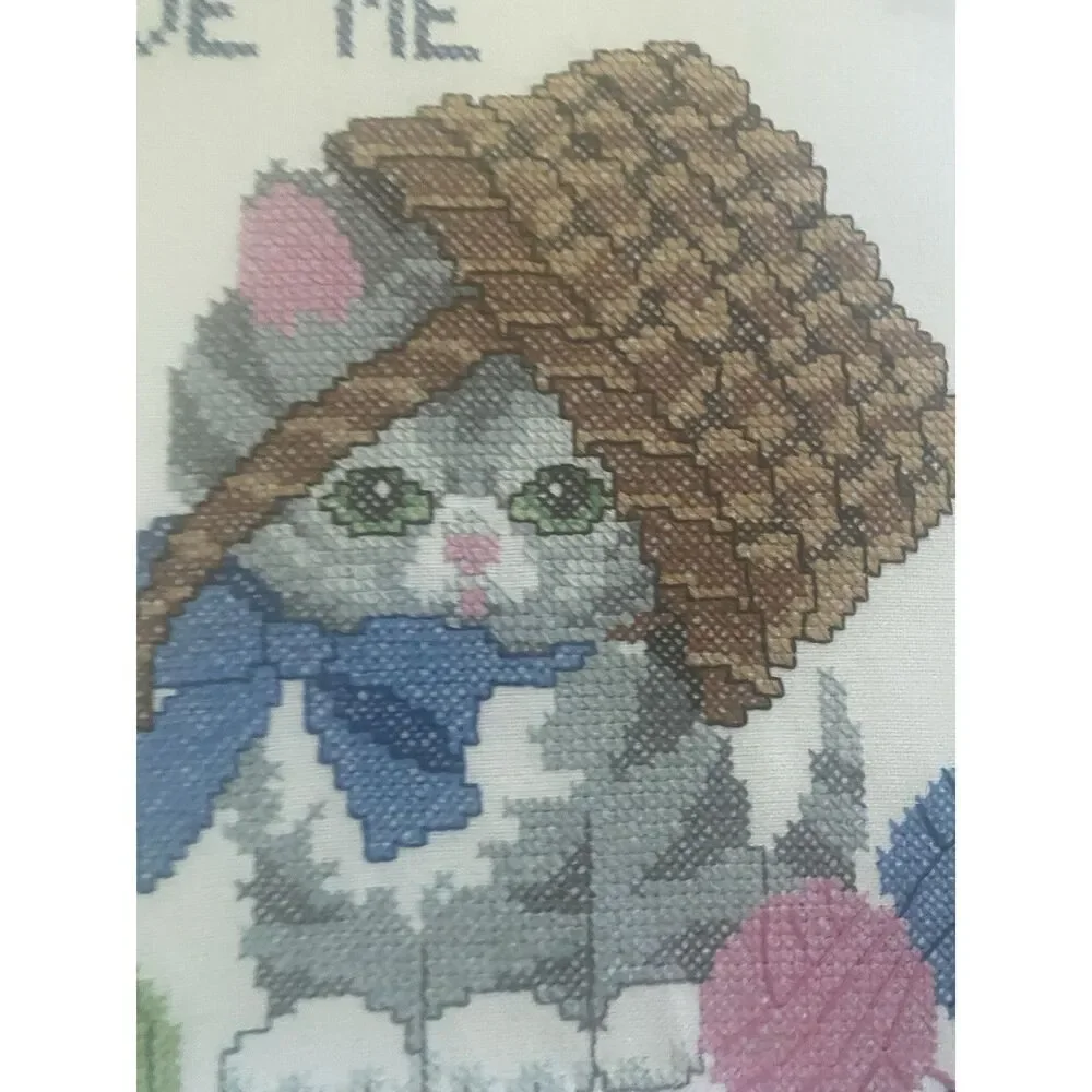 Cross Stitch Love Me Love My Cat In Yarn Basket Handmade Custom Framed Art Knit